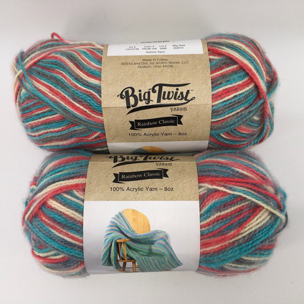 2 Skein Lot Big Twist Rainbow Classic Yarn Salmon Aqua Striping Acrylic Crochet